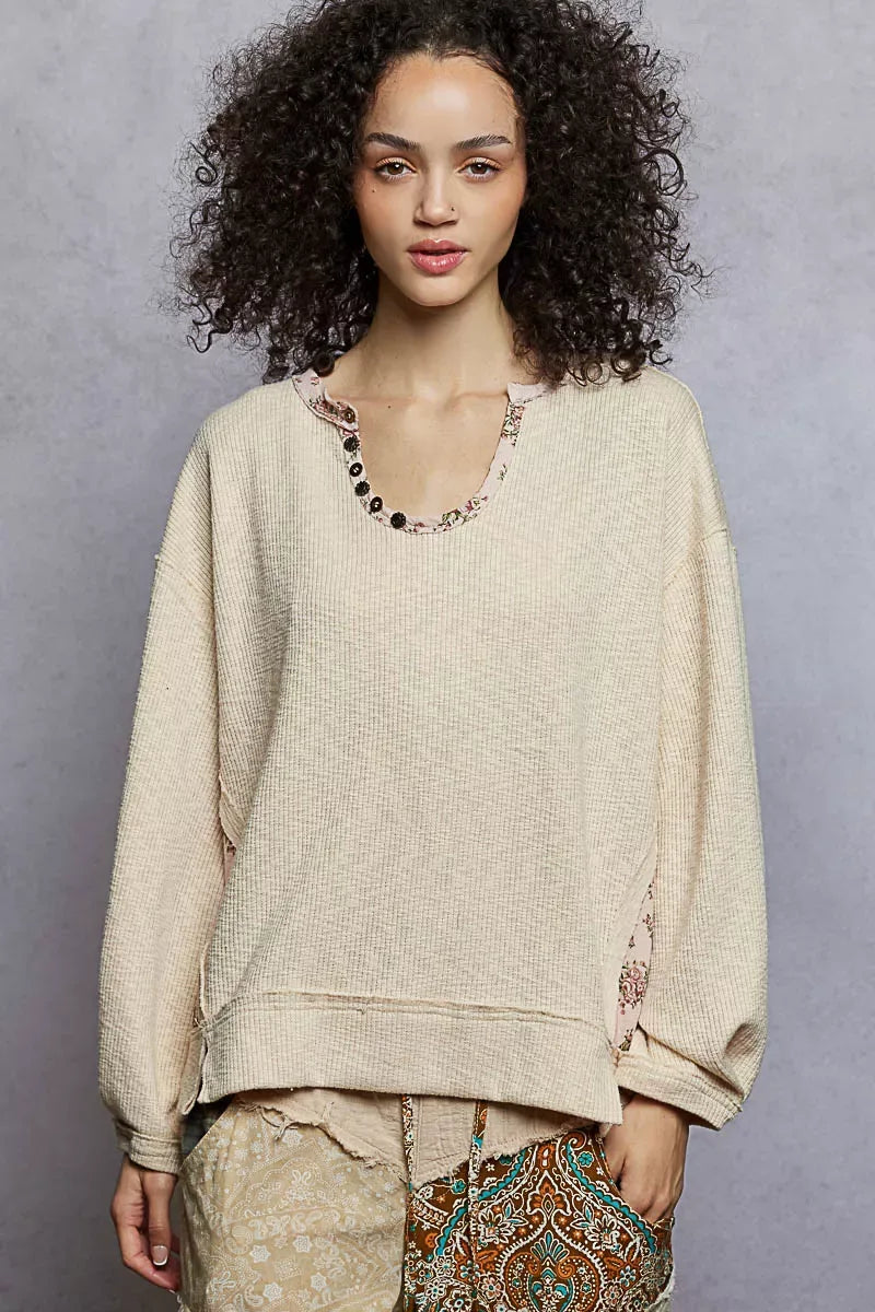 POL Balloon Sleeve Oversized Ribbed Top with Floral Pattern Contrast - Trendsi - Flyclothing LLC