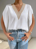 V-Neck Short Sleeve Blouse - Trendsi - Flyclothing LLC