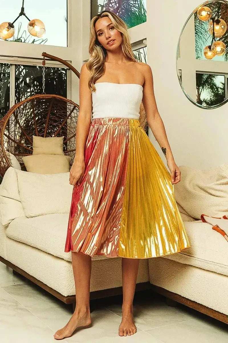 BiBi Metallic Color Block Pleats Midi Skirt - Trendsi - Flyclothing LLC