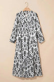 Tiered Printed Notched Long Sleeve Midi Dress - Trendsi - Flyclothing LLC
