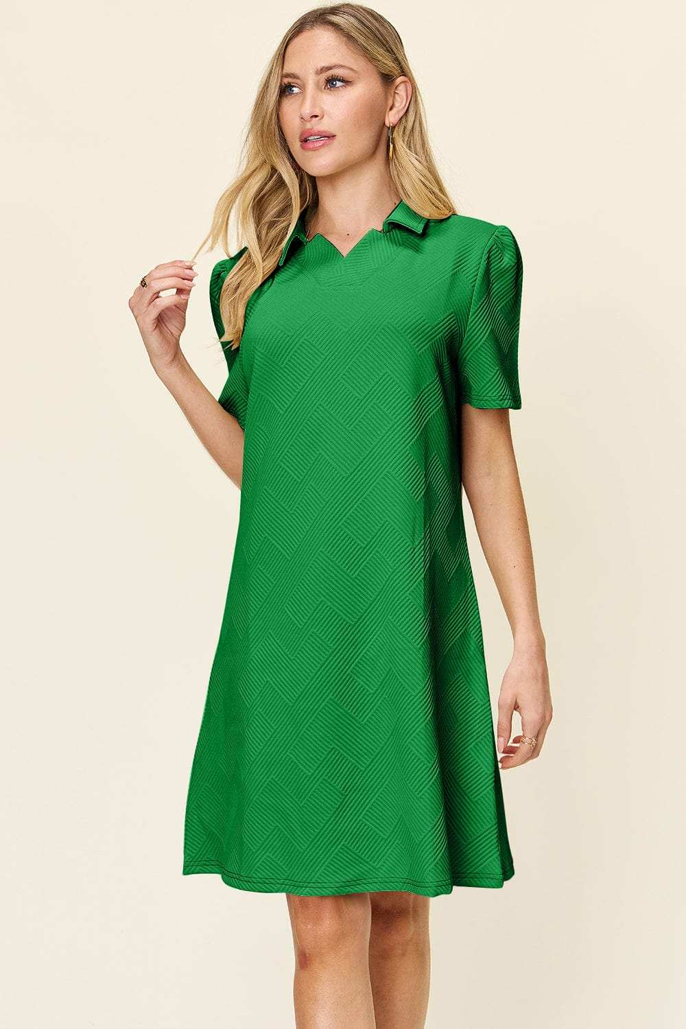 Double Take Full Size Texture Collared Neck Short Sleeve Dress - Trendsi - Flyclothing LLC