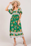 SAGE + FIG Printed Smocked Short Sleeve Midi Dress - Trendsi - Flyclothing LLC