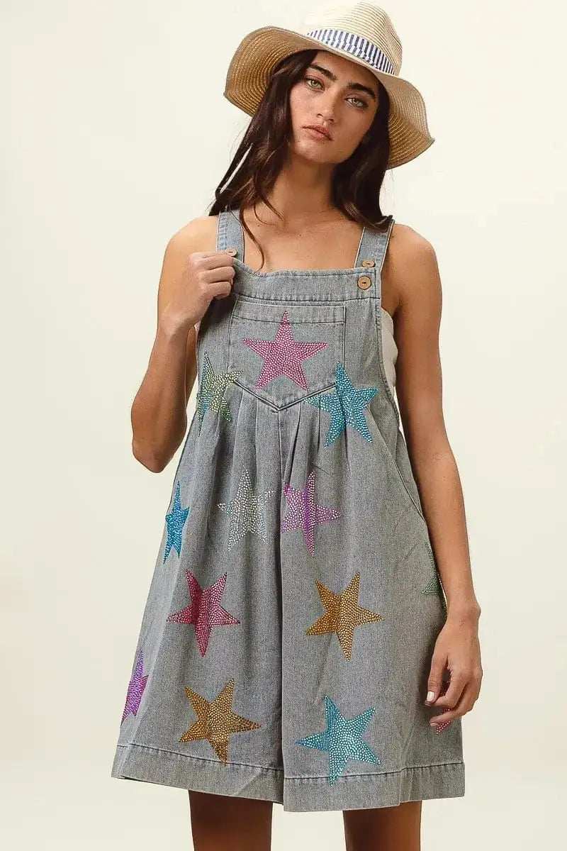 BiBi Star Rhinestone Washed Wide Leg Shortalls - Trendsi - Flyclothing LLC