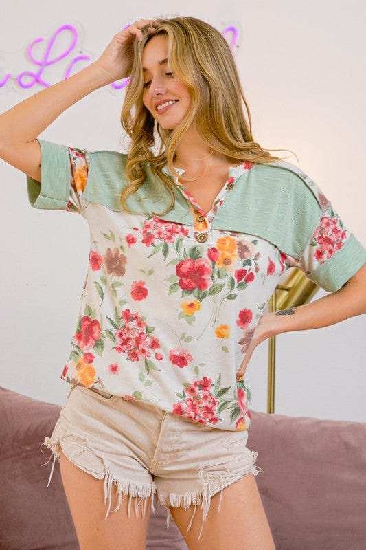 BiBi Floral Button Detail Round Neck Short Sleeve Terry T-Shirt - Trendsi - Flyclothing LLC