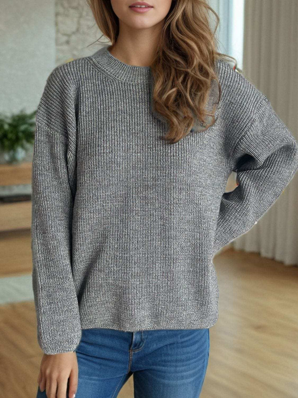 Solid Color Round Neck Long Sleeve Sweater - Trendsi - Flyclothing LLC