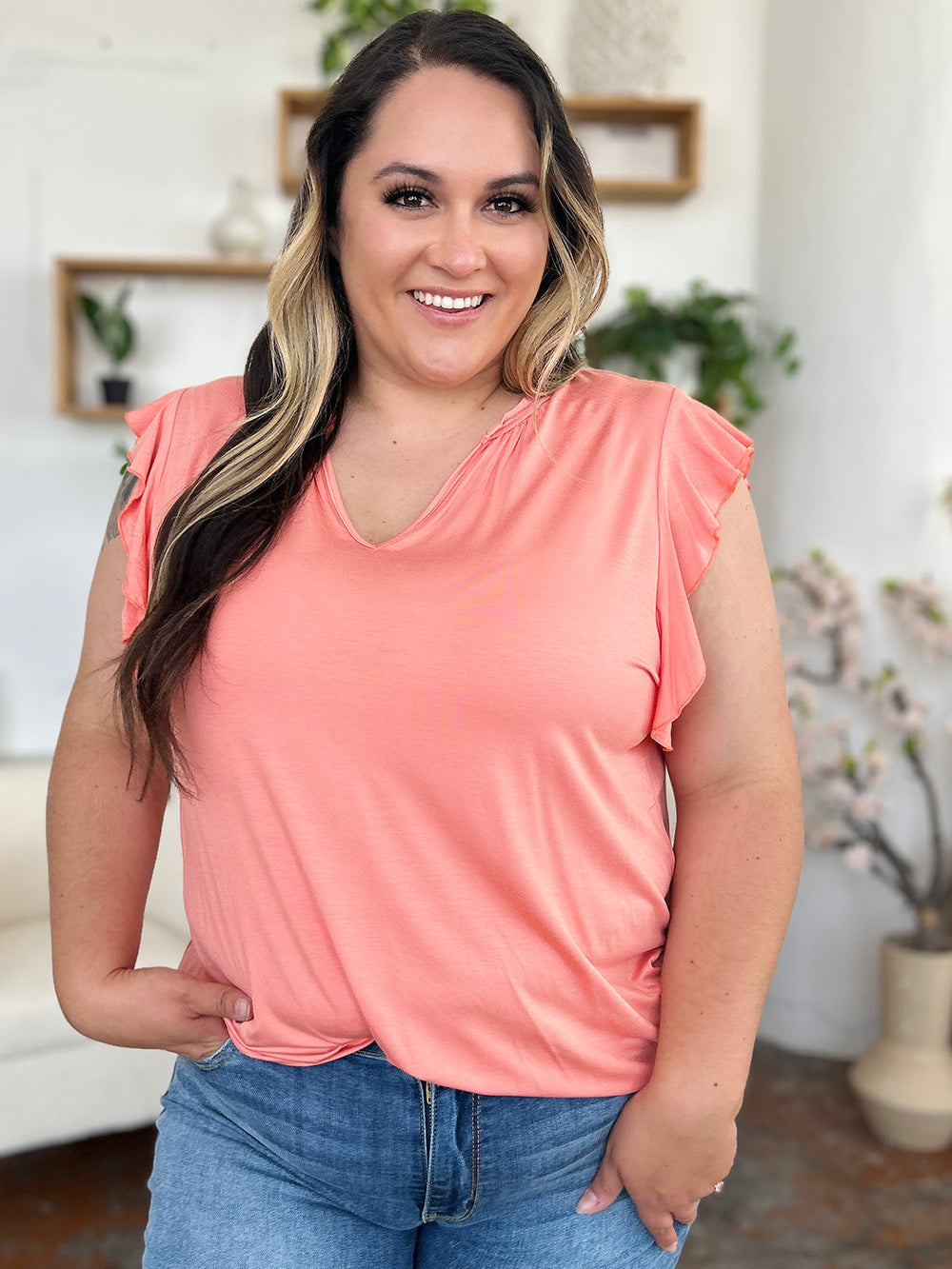 Basic Bae Full Size Bamboo Notched Ruffled Short Sleeve T-Shirt - ShopBasicbae - Flyclothing LLC