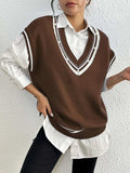 Pearl Trim Contrast V-Neck Sweater Vest - Trendsi - Flyclothing LLC