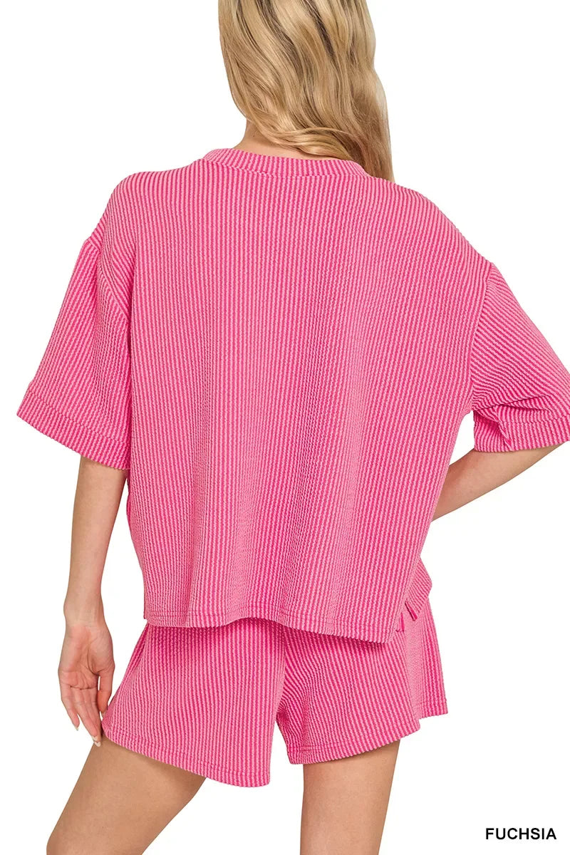 Zenana Raised Rib Short Sleeve Tee and Drawstring Shorts Set - Trendsi - Flyclothing LLC