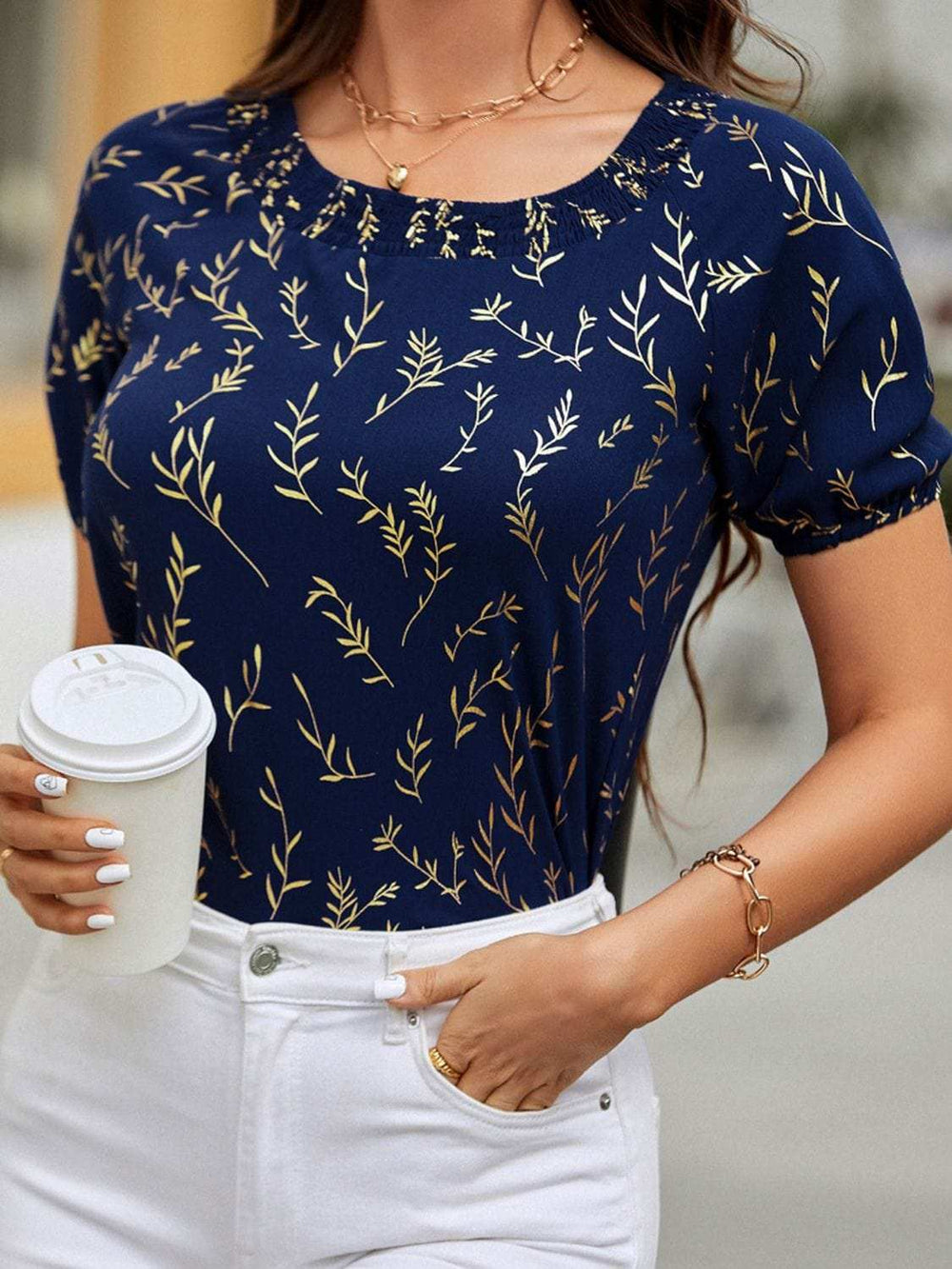 Printed Round Neck Short Sleeve Blouse - Trendsi - Flyclothing LLC