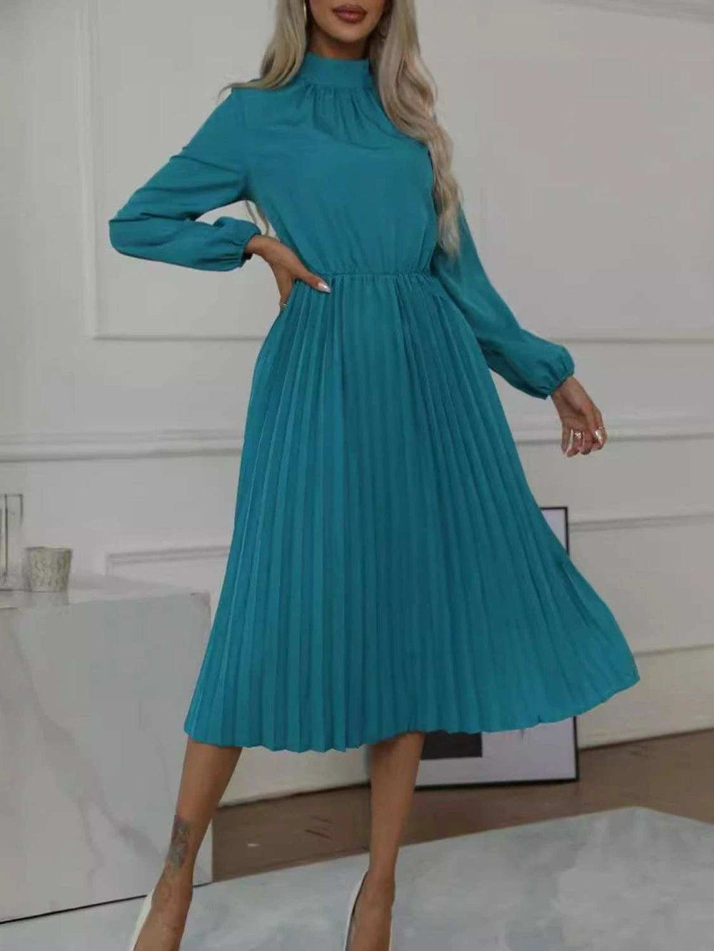 Mock Neck Long Sleeve Pleated Dress - Trendsi - Flyclothing LLC