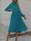 Mock Neck Long Sleeve Pleated Dress - Trendsi - Flyclothing LLC