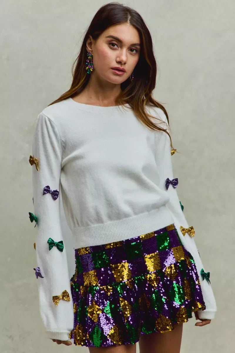 SO ME Mardi Gras Glitter Bow Ribbon Sweater Knit Top - Trendsi - Flyclothing LLC