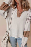 Waffle-Knit Leopard Johnny Collar Long Sleeve Top - Trendsi - Flyclothing LLC