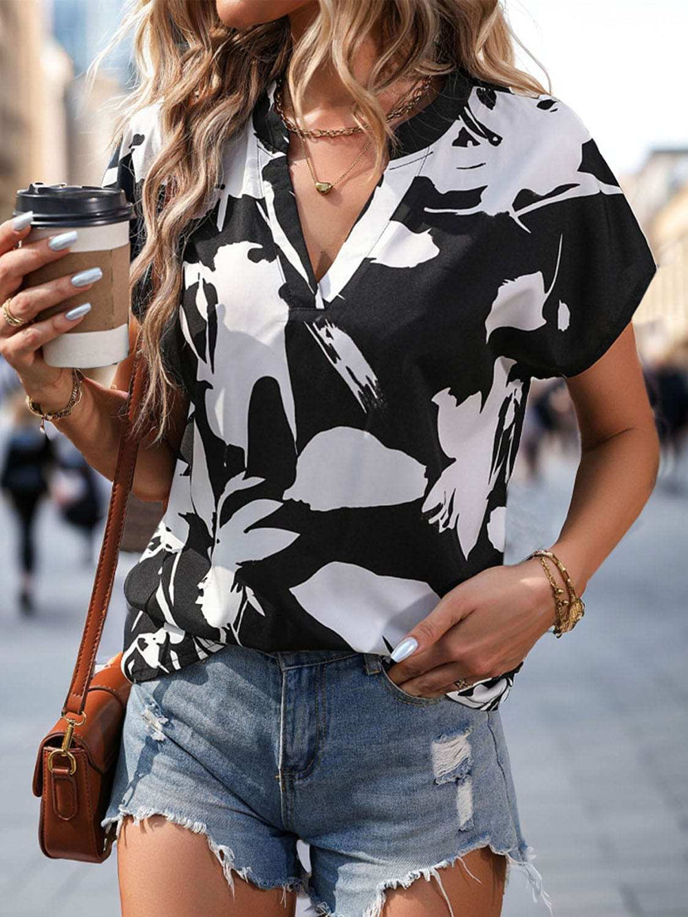 Printed Notched Short Sleeve Blouse - Trendsi - Flyclothing LLC