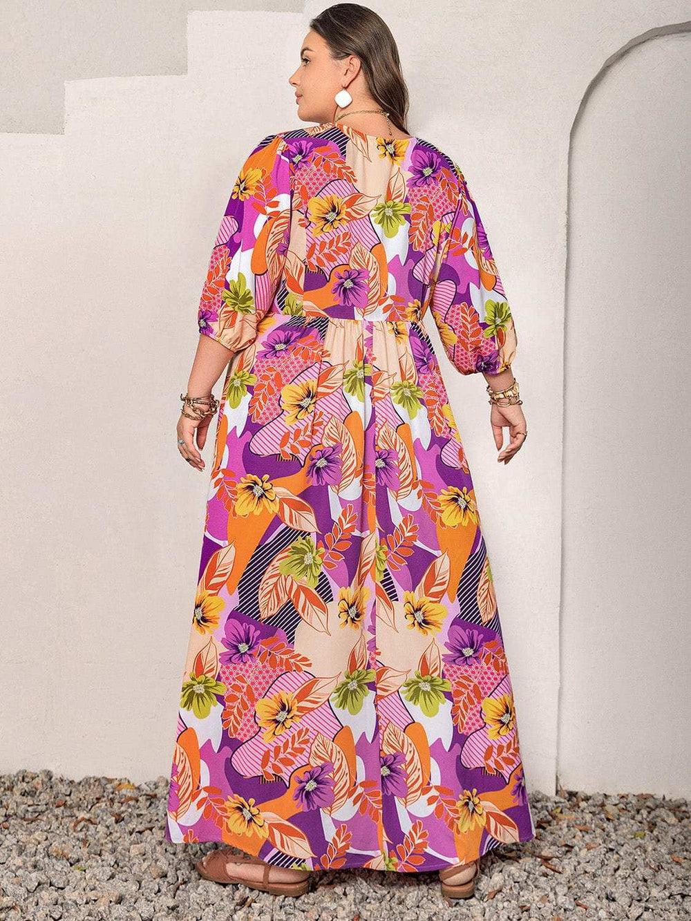 Plus Size Printed Tie Neck Maxi Dress - Trendsi - Flyclothing LLC