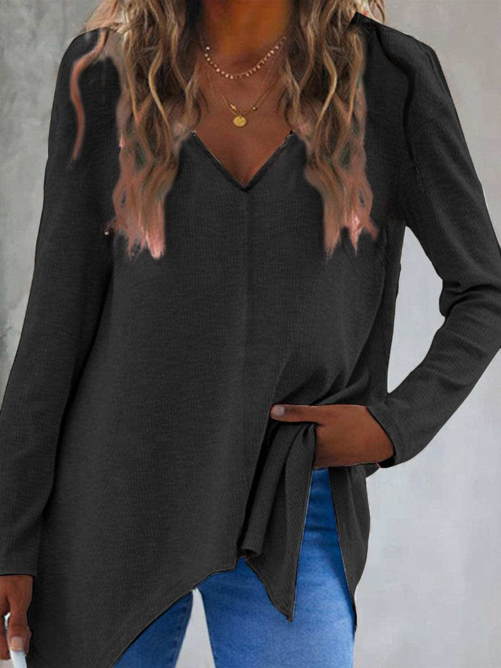 Full Size V-Neck Long Sleeve T-Shirt - Trendsi - Flyclothing LLC