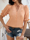 Devine Frill Notched Short Sleeve Blouse - Trendsi - Flyclothing LLC