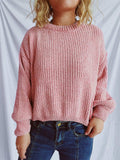 Round Neck Dropped Shoulder Long Sleeve Sweater - Trendsi - Flyclothing LLC