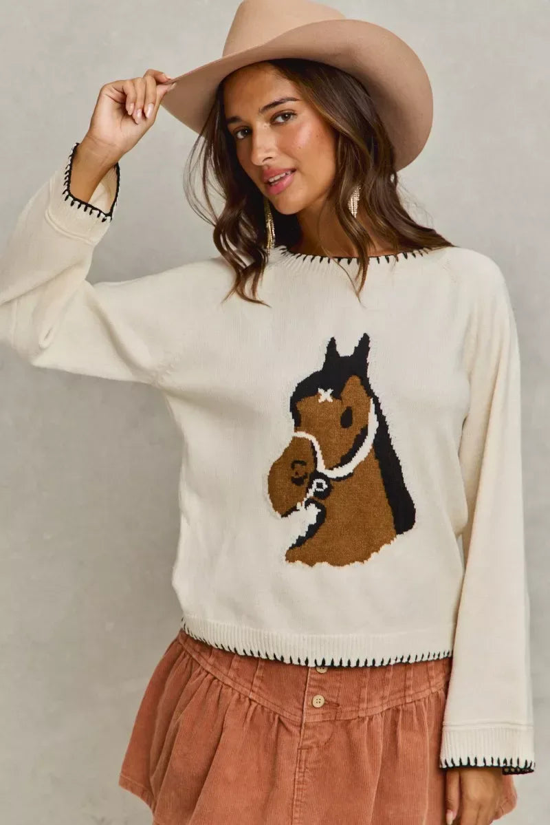 SO ME Horse Knit Sweater Top with Blanket Stitch - Trendsi - Flyclothing LLC