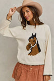 SO ME Horse Knit Sweater Top with Blanket Stitch - Trendsi - Flyclothing LLC