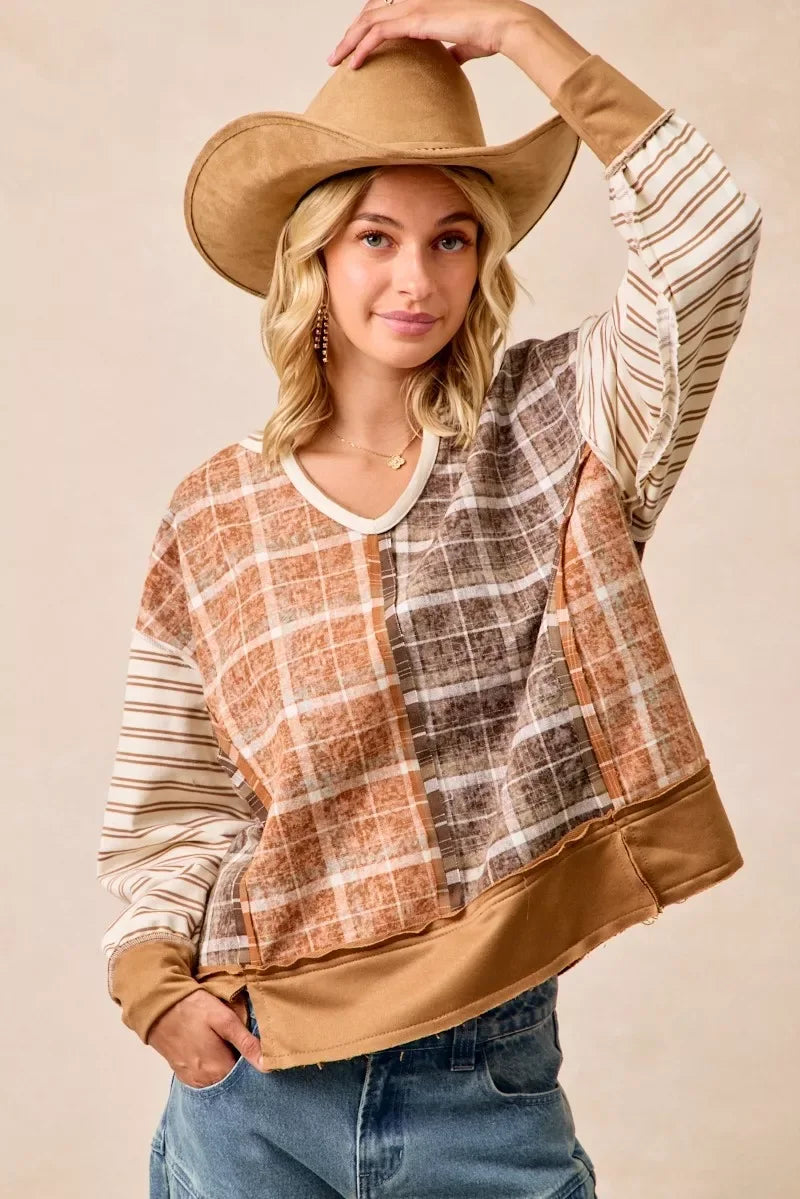 BiBi Plaid And Stripe Mix And Match Top With Open Seam - Trendsi - Flyclothing LLC