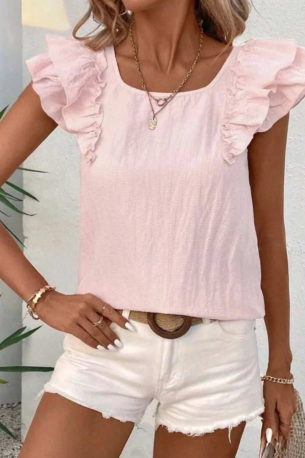 Textured Bow Knot Frilled Butterfly Sleeve Blouse - Trendsi - Flyclothing LLC