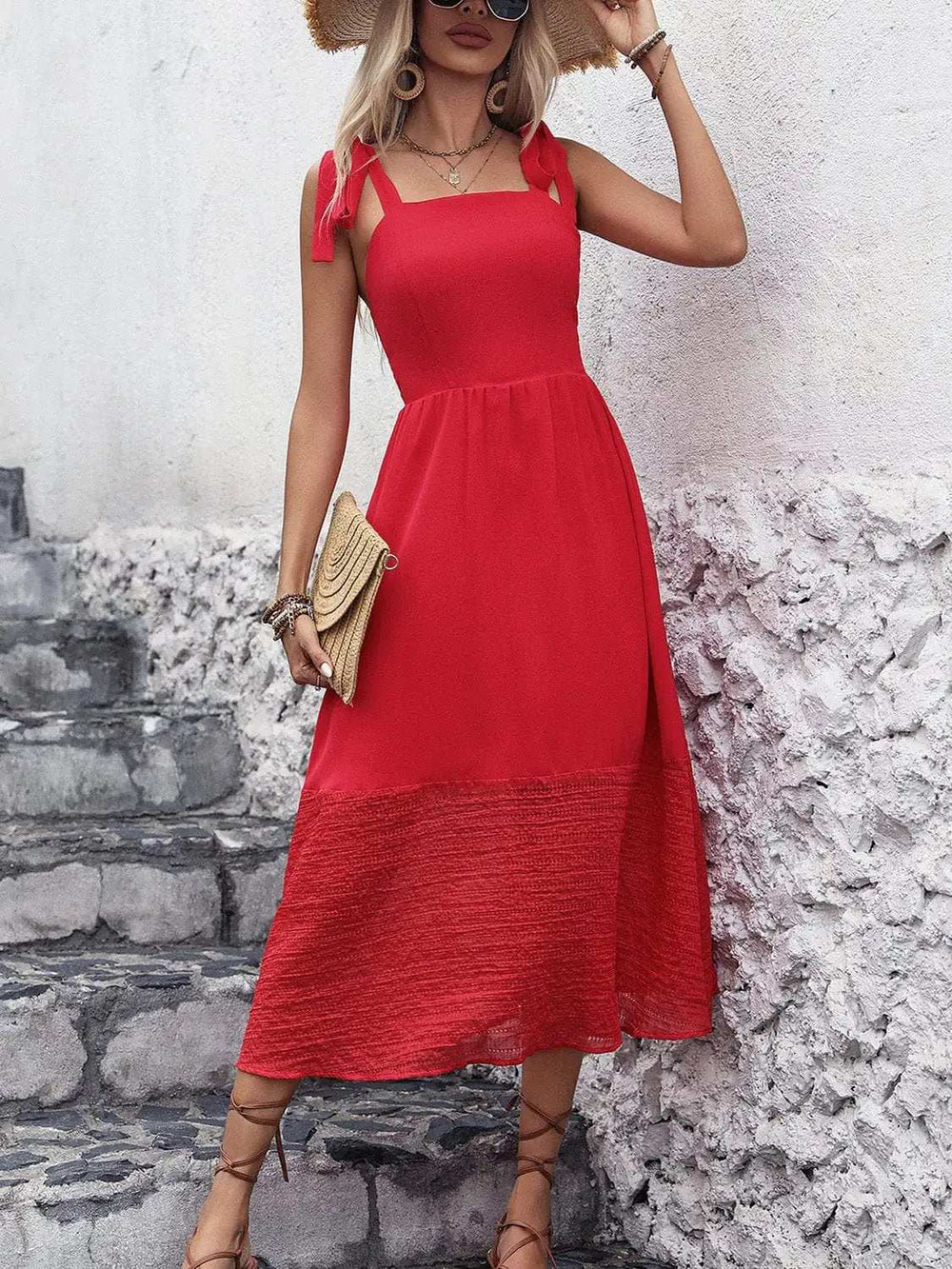 Tied Smocked Sleeveless Midi Dress - Trendsi - Flyclothing LLC