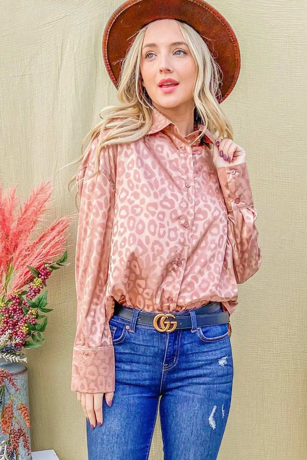 And The Why Satin Leopard Button Up Curved Hem Shirt - Trendsi - Flyclothing LLC