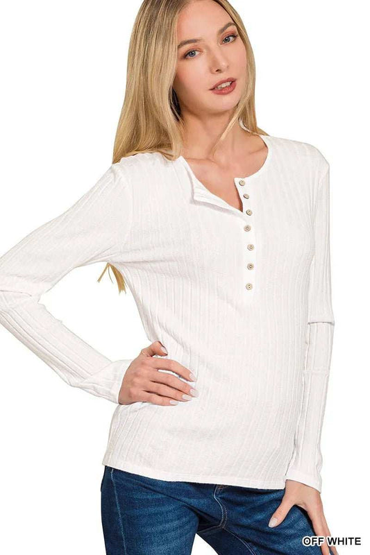 Zenana Ribbed Long Sleeve Half Button Top - Trendsi - Flyclothing LLC