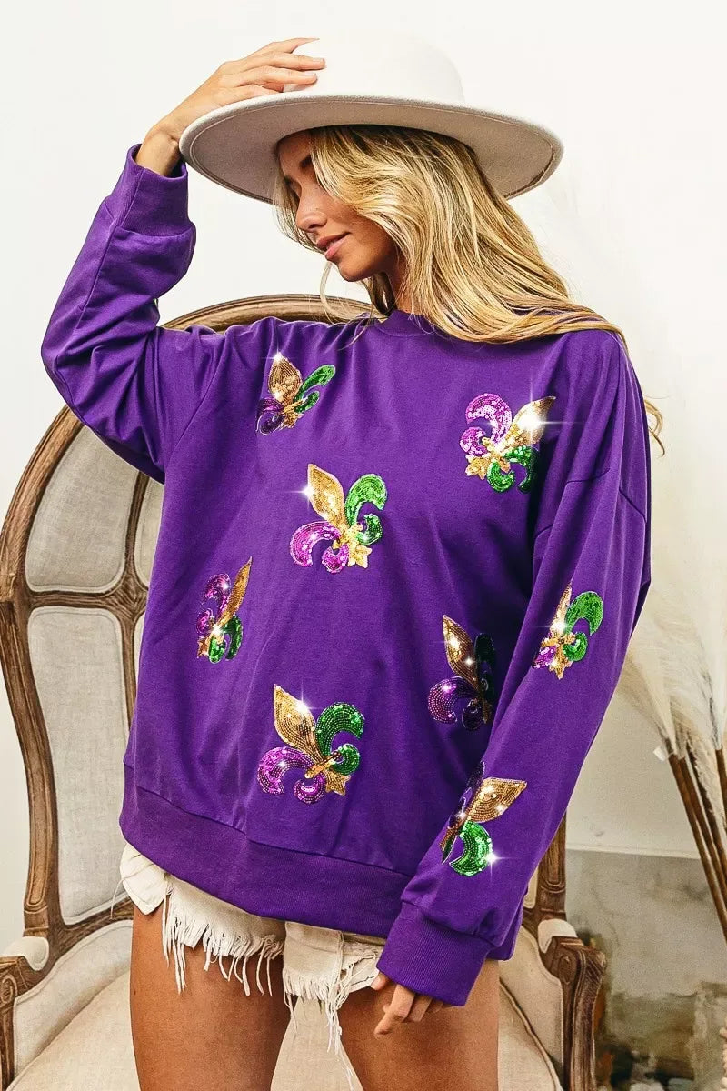 BiBi Fleur De Lis Sequin Patches Mardi Gras Sweatshirt - Trendsi - Flyclothing LLC