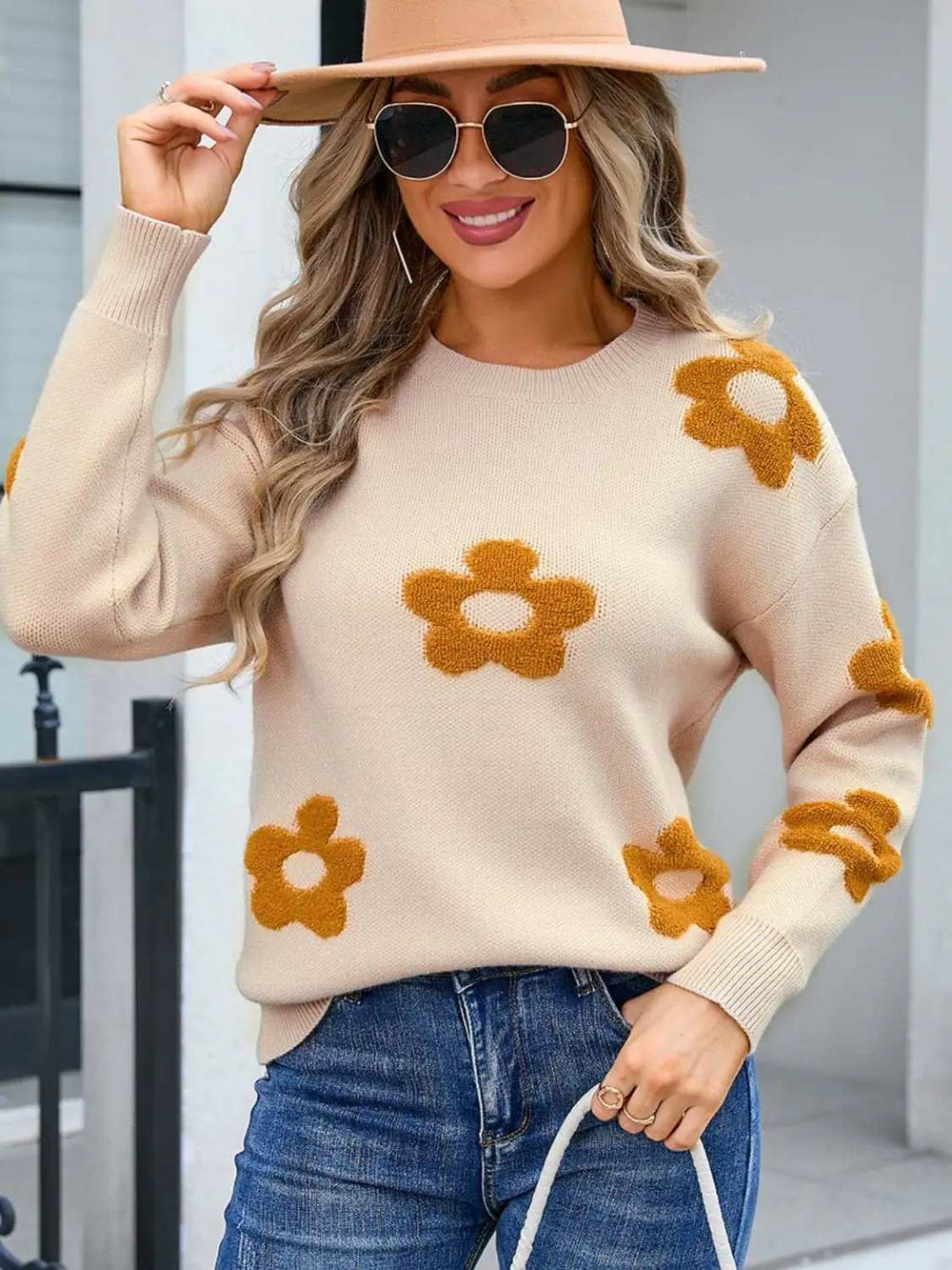 Angel Wings Flower Round Neck Long Sleeve Sweater - Trendsi - Flyclothing LLC