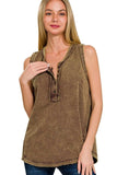 Zenana Washed Half-Button Raw Edge Sleeveless Henley Top - Trendsi - Flyclothing LLC