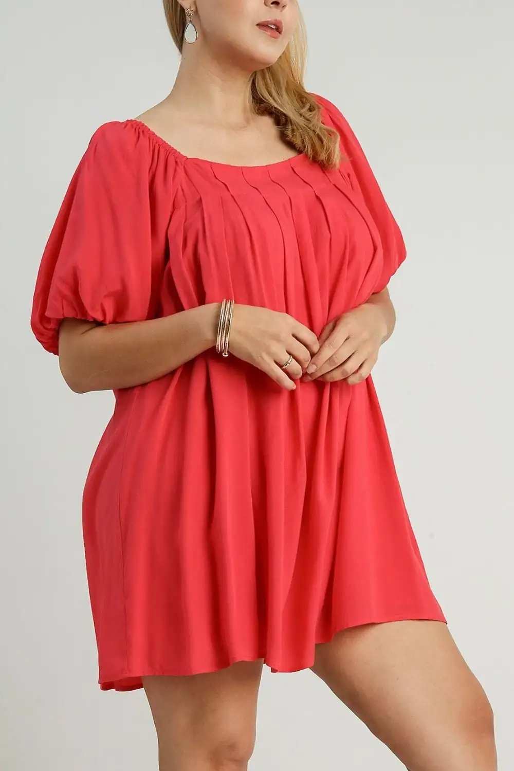 Umgee Full Size Squared Neck Puff Sleeve Mini Dress Plus Size - Trendsi - Flyclothing LLC