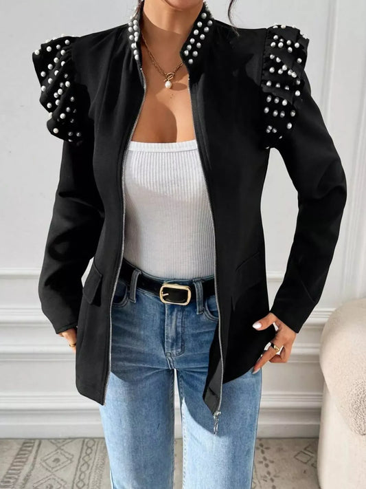 Pearl Embellished Shoulder Zip Up Jacket - Trendsi - Flyclothing LLC
