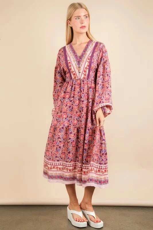 VERY J Floral Printed Boho V-Neck Balloon Sleeve Dress - Trendsi - Flyclothing LLC