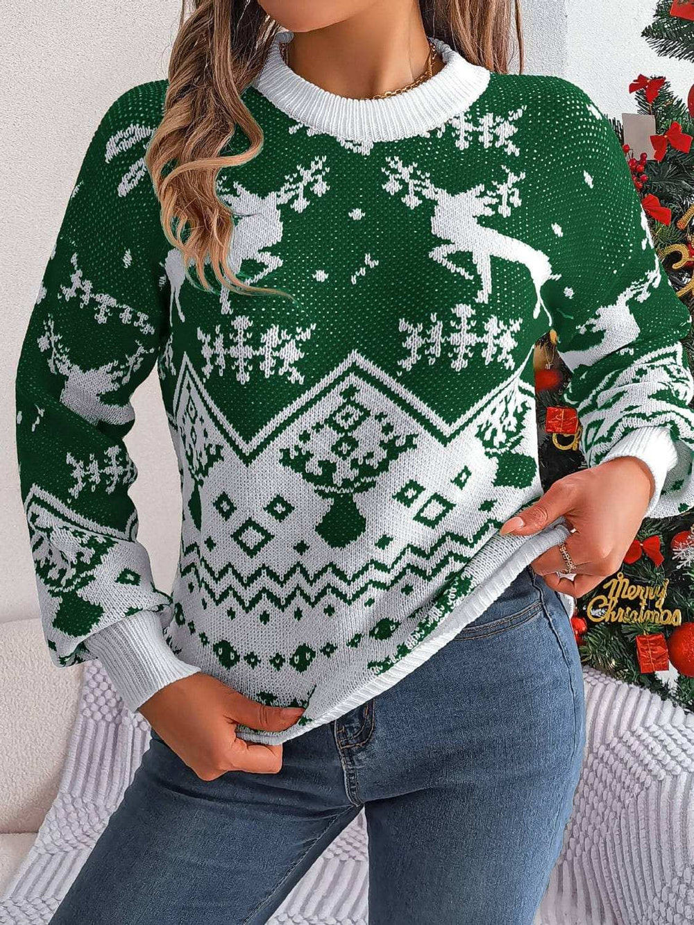 Christmas Element Round Neck Long Sleeve Sweater - Trendsi - Flyclothing LLC