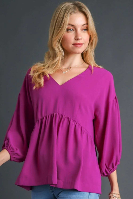 Umgee Full Size V-Neck Puffed 3/4 Sleeve Babydoll Blouse Plus Size - Trendsi - Flyclothing LLC
