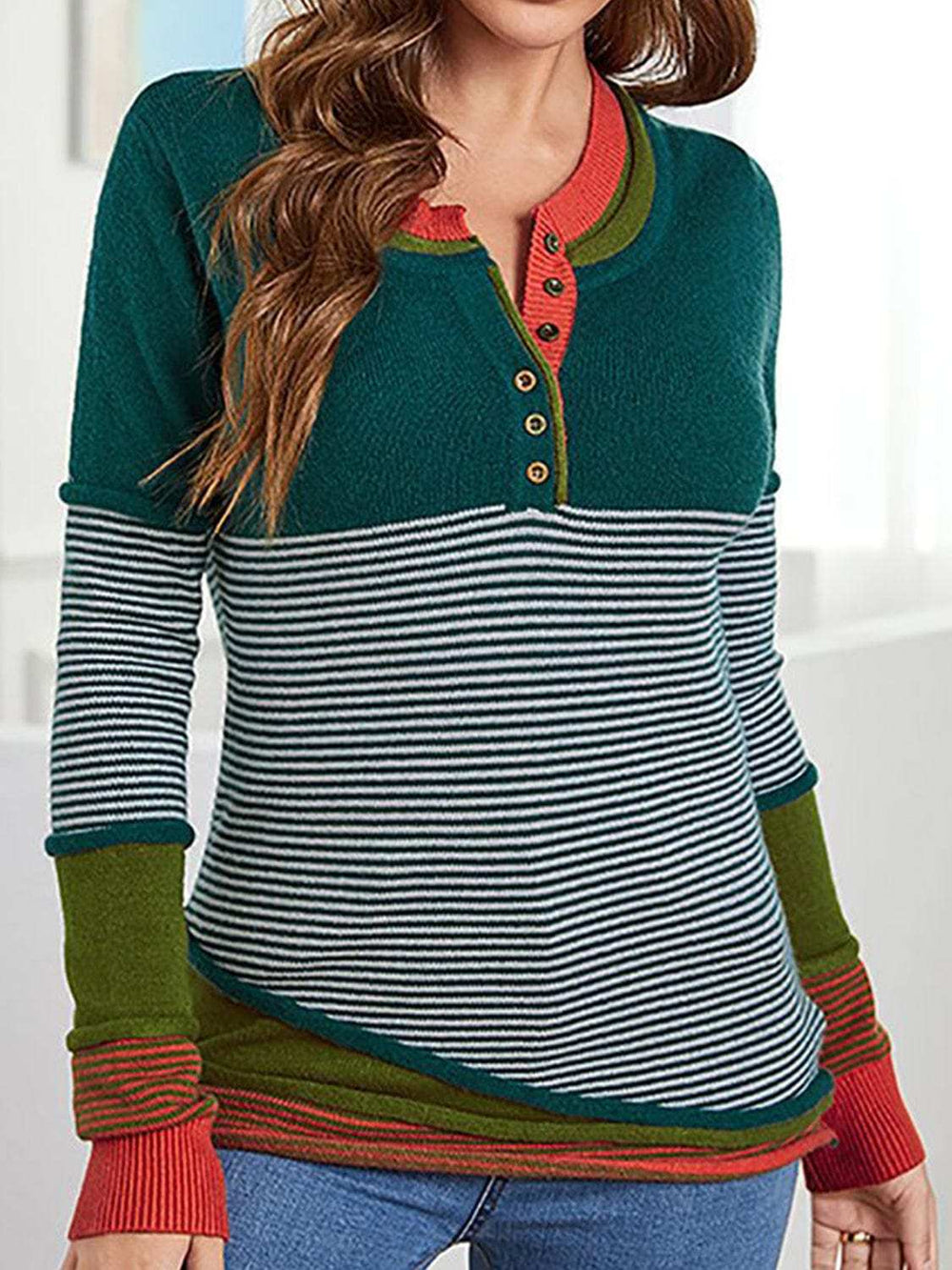 Striped Contrast Notched Long Sleeve Sweater - Trendsi - Flyclothing LLC