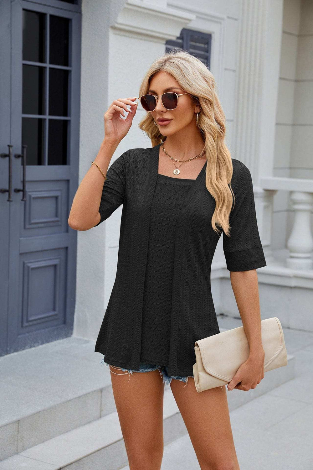 Texture Square Neck Short Sleeve Blouse - Trendsi - Flyclothing LLC