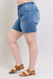 Judy Blue Full Size Mid Rise Bermudas Denim Shorts W/ Back Flap Pockets Plus Size - Trendsi - Flyclothing LLC