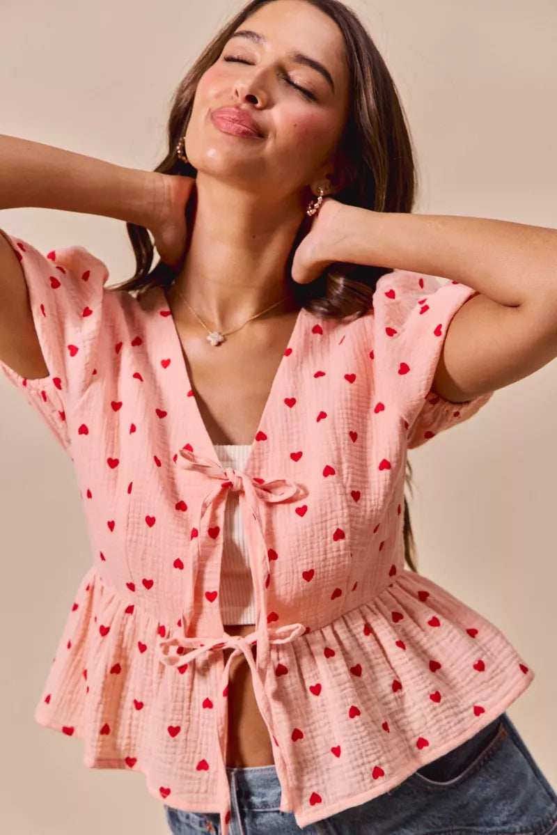 SO ME All Over Heart Ribbon Tie Baby Doll Valentine Blouse - Trendsi - Flyclothing LLC