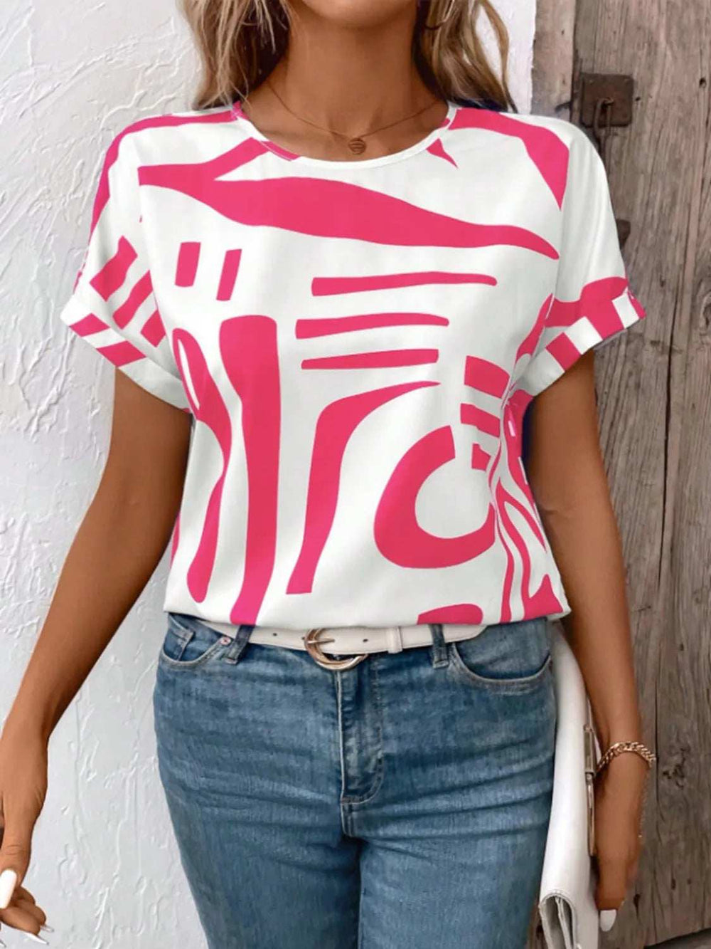 Contrast Round Neck Short Sleeve Blouse - Trendsi - Flyclothing LLC