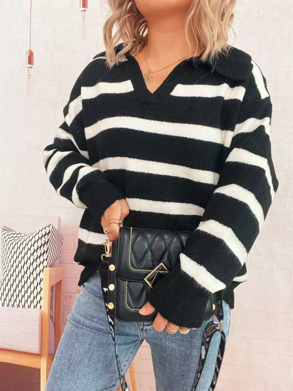 Striped Dropped Shoulder Sweater - Trendsi - Flyclothing LLC
