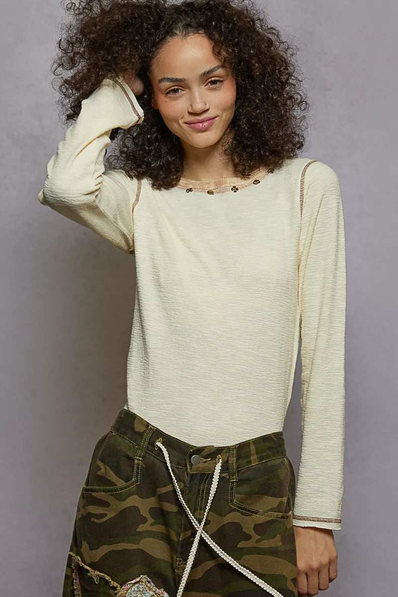 POL Round Neck Long Sleeve Contrast Stitching T-Shirt with Stud Detail - Trendsi - Flyclothing LLC