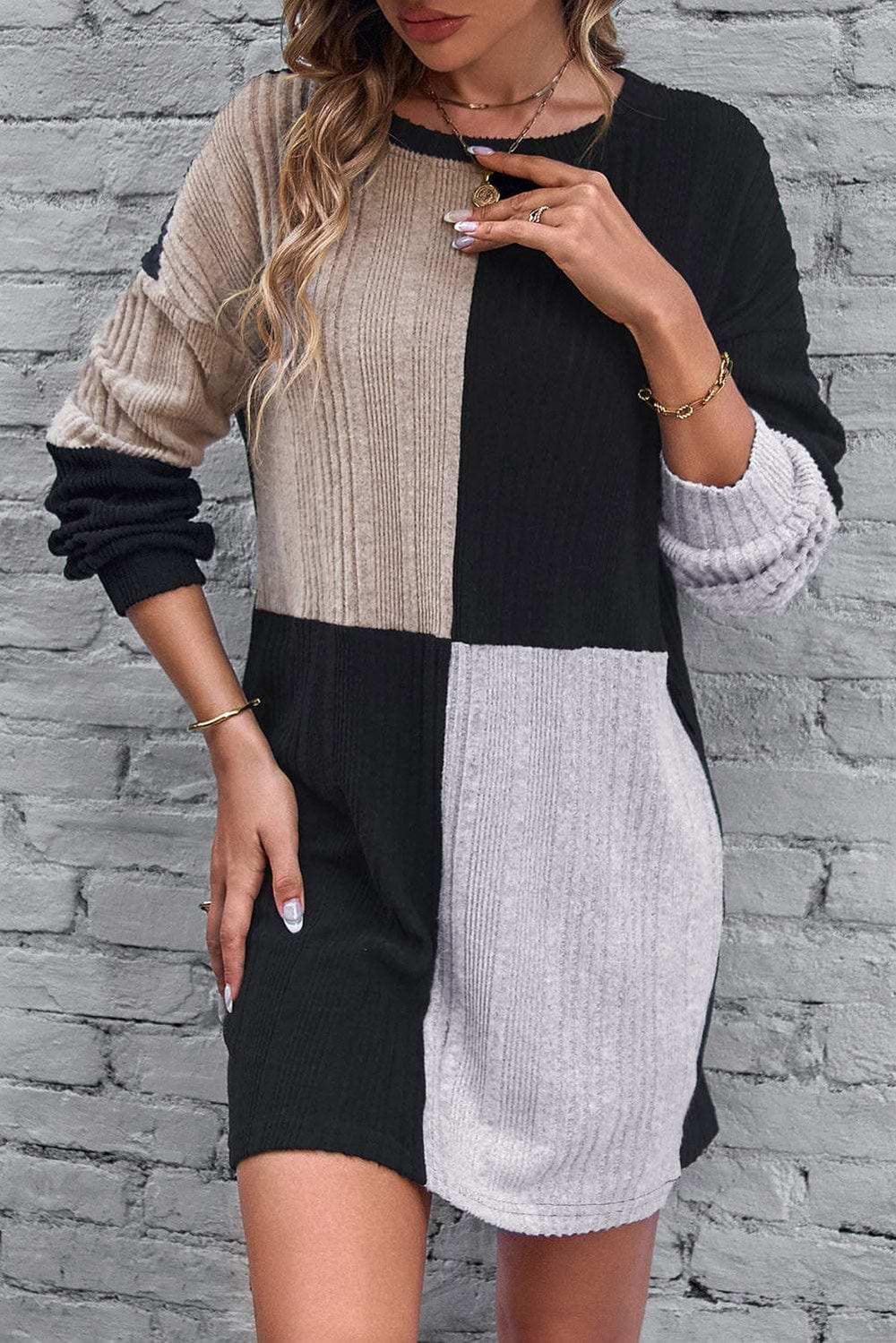 Color Block Drop Shoulder Long Sleeve Mini Dress - Trendsi - Flyclothing LLC
