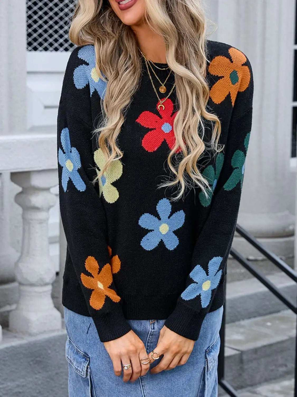 Flower Round Neck Long Sleeve Sweater - Trendsi - Flyclothing LLC