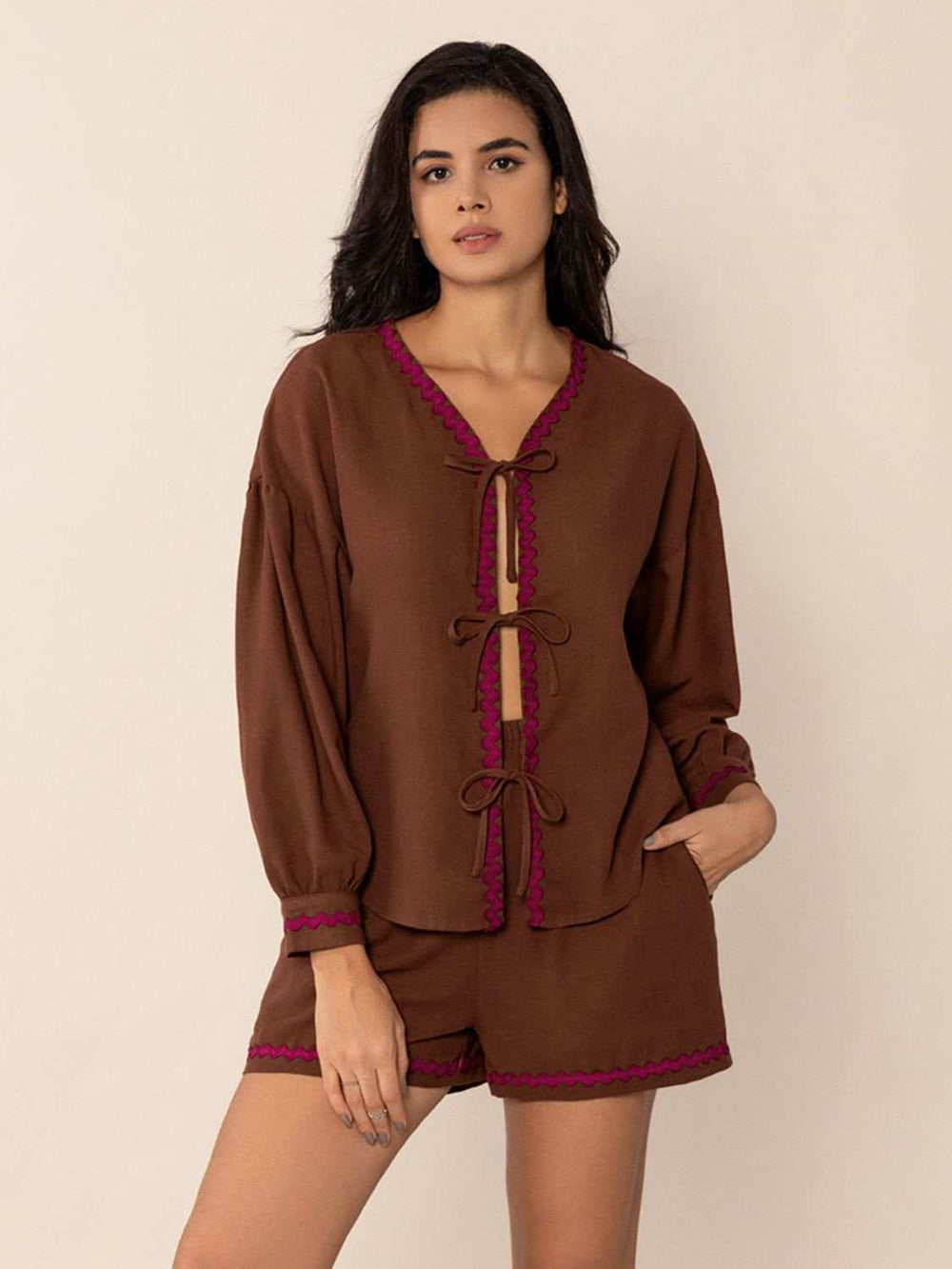 Tied V-Neck Long Sleeve Top and Shorts Set - Trendsi - Flyclothing LLC