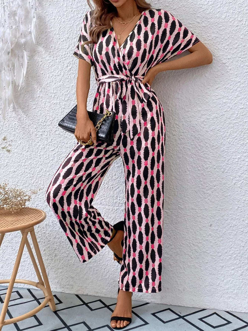 Printed Surplice Tie Waist Short Sleeve Jumpsuit - Trendsi - Flyclothing LLC