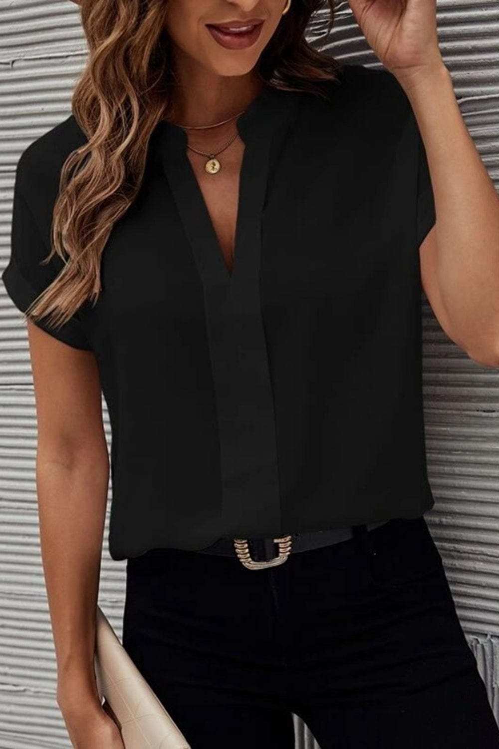 Full Size Notched Short Sleeve Blouse - Trendsi - Flyclothing LLC