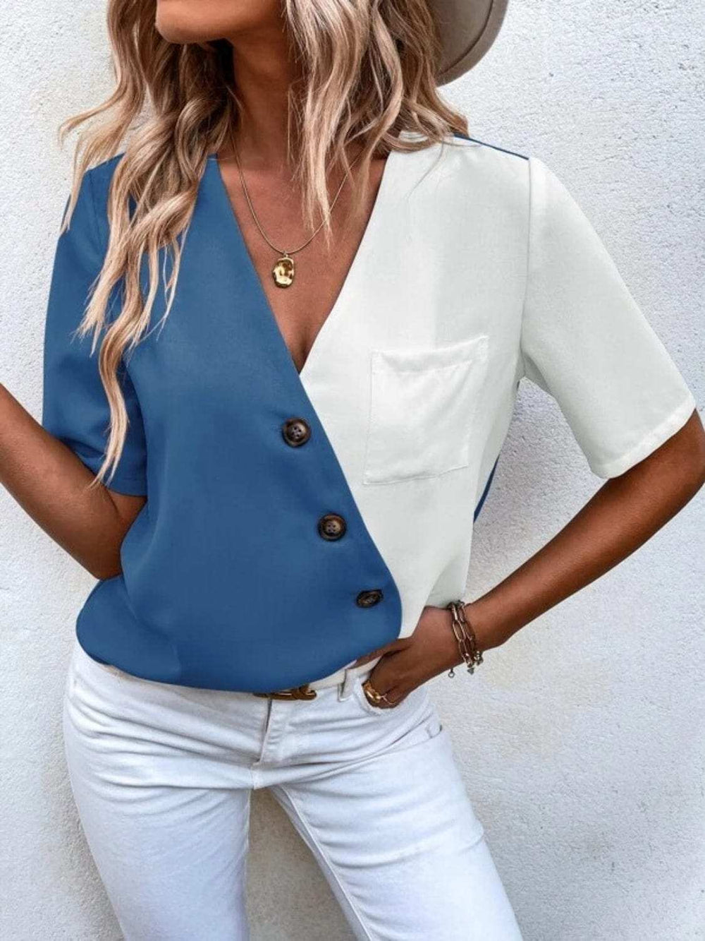 Decorative Button Surplice Short Sleeve Blouse - Trendsi - Flyclothing LLC